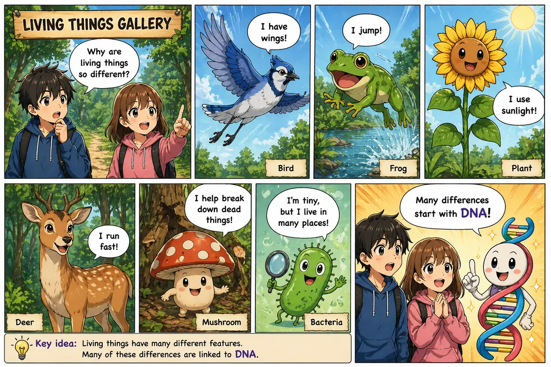Cartoon gallery showing different living things and examples of variation.