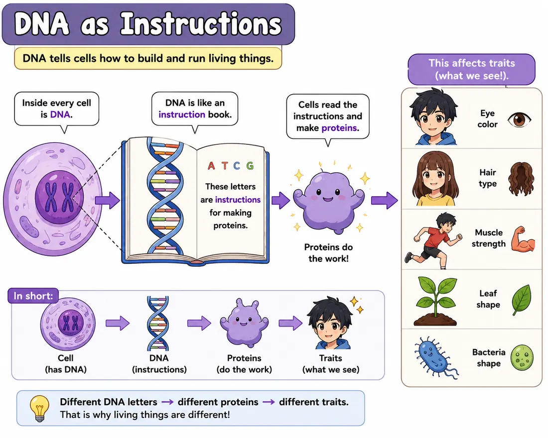 Diagram showing DNA instructions leading to proteins and observable traits.