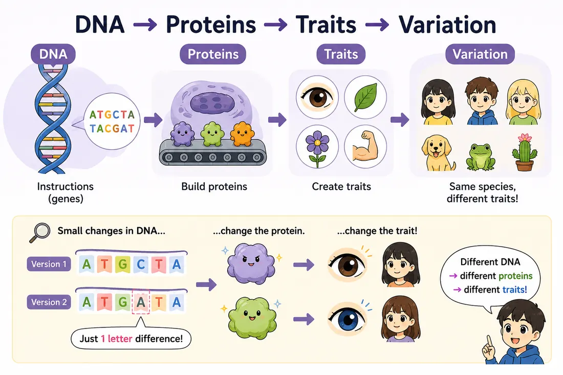 Diagram showing DNA changes leading to different proteins, traits, and variation.
