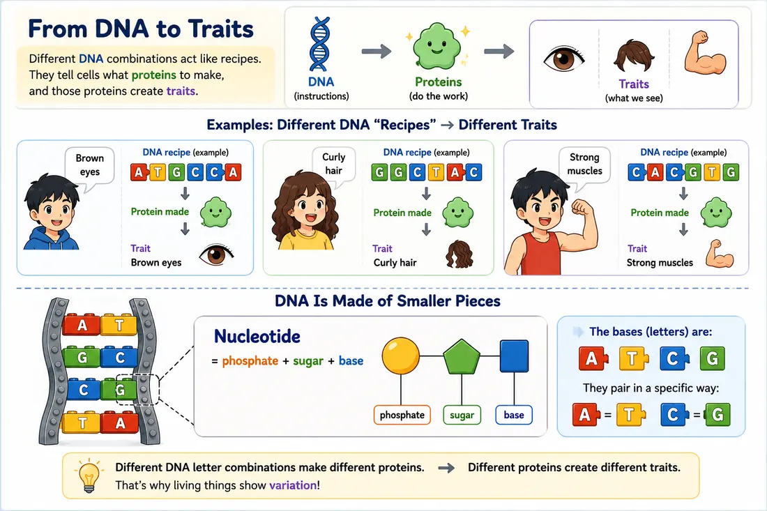 Diagram of a nucleotide with phosphate, sugar, and base, plus DNA bases A, T, C, and G.