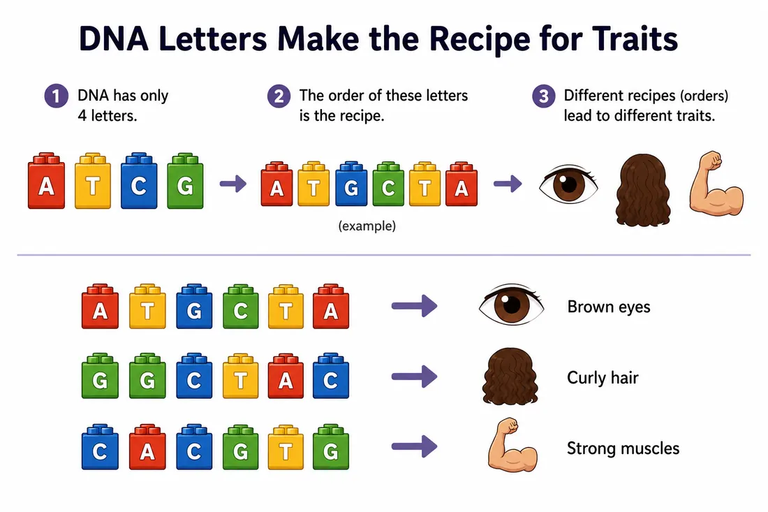 Diagram showing how different orders of DNA bases can lead to different traits.