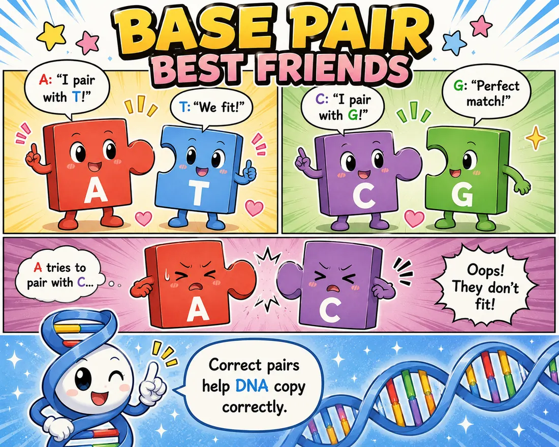 Cartoon showing complementary base pairing: A with T and C with G.