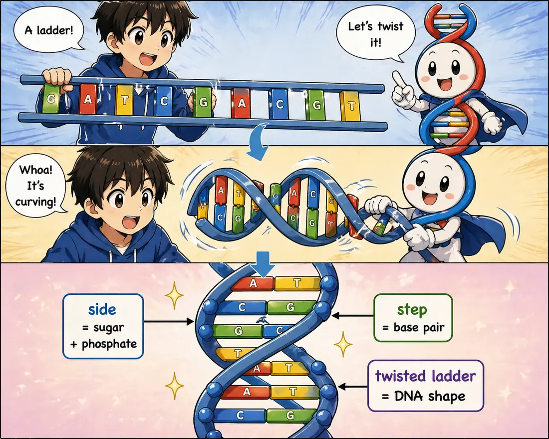 Cartoon comparing DNA to a twisted ladder with sugar-phosphate sides and base-pair steps.