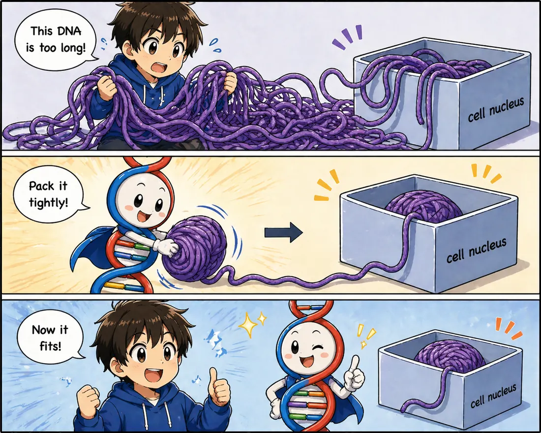 Cartoon showing long DNA being packed tightly inside a cell nucleus.