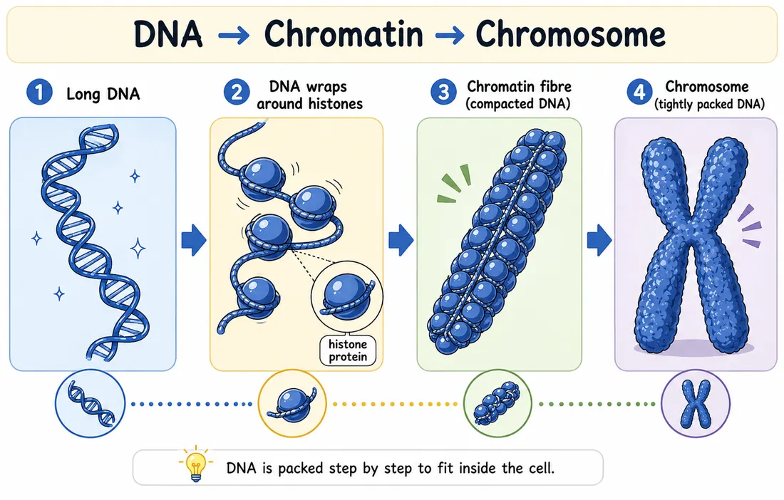Diagram showing DNA wrapping around histones to form chromatin and then chromosomes.