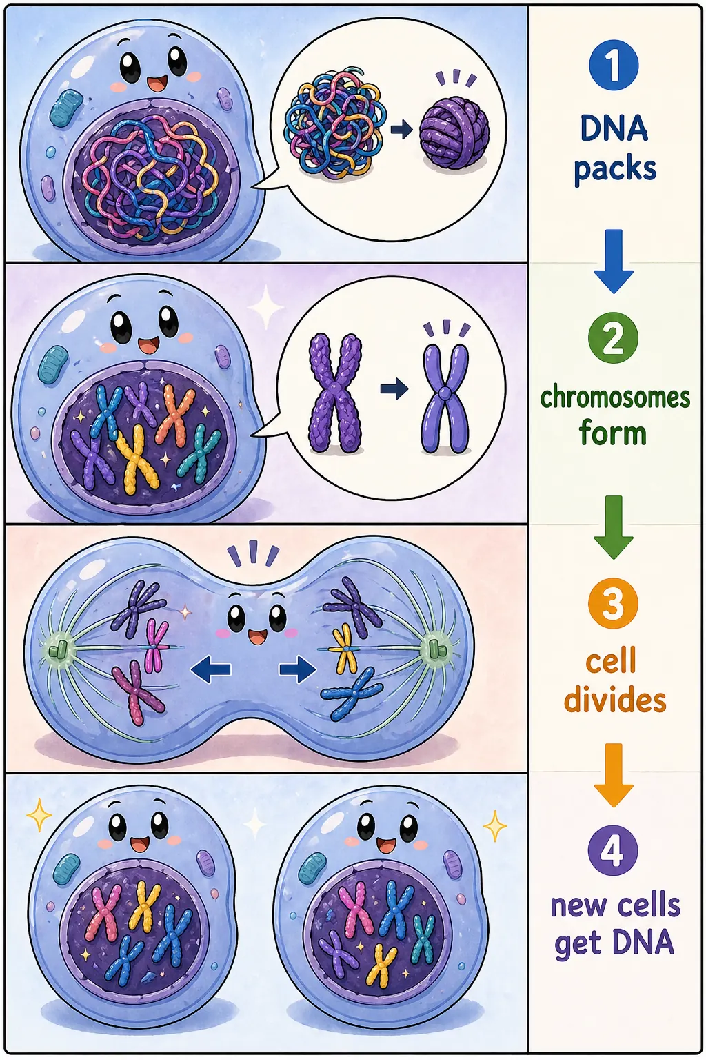 Diagram showing DNA packing, chromosome formation, cell division, and new cells receiving DNA.