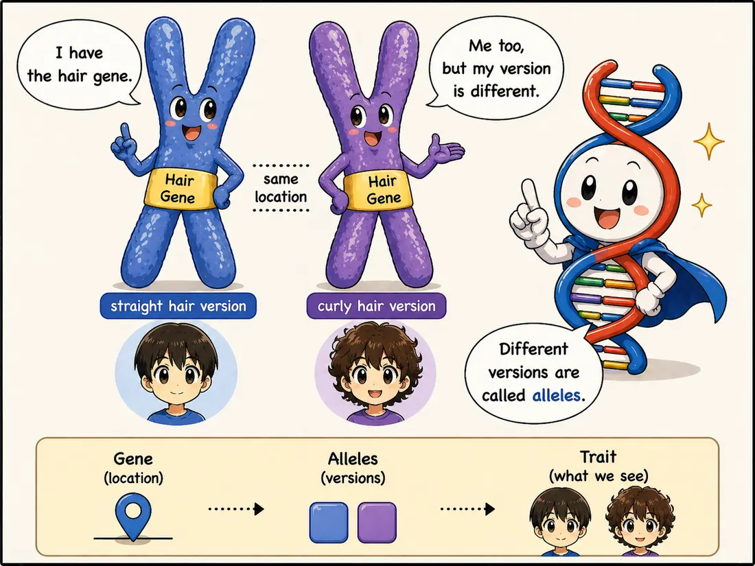 Diagram showing a gene as a location on DNA and alleles as different versions of that gene.