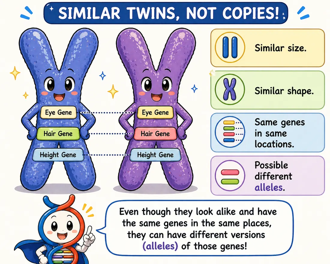 Cartoon of homologous chromosomes showing same gene locations but potentially different alleles.