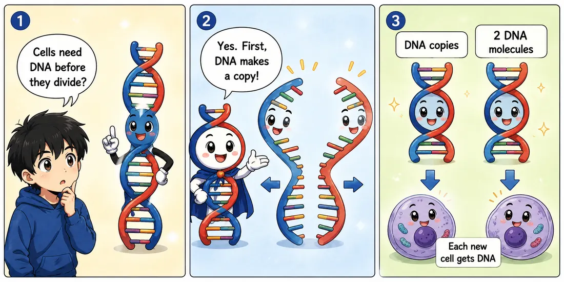 Cartoon showing DNA replication before cell division.