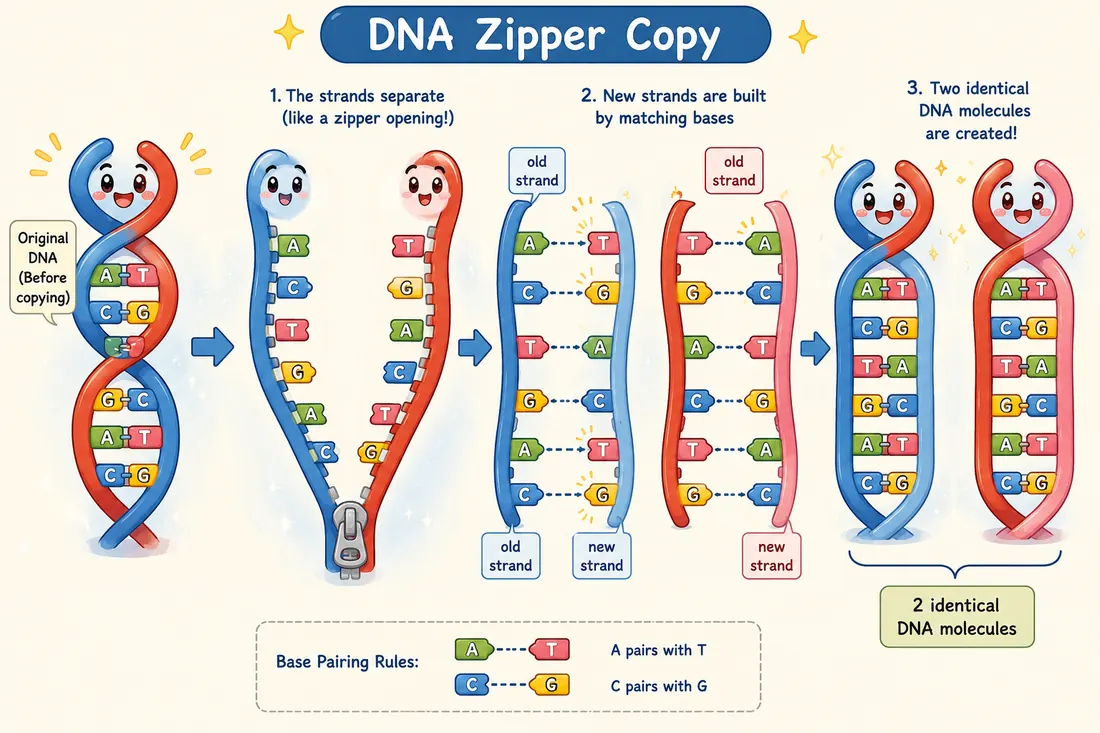 Diagram showing DNA strands separating and complementary bases building two DNA molecules.