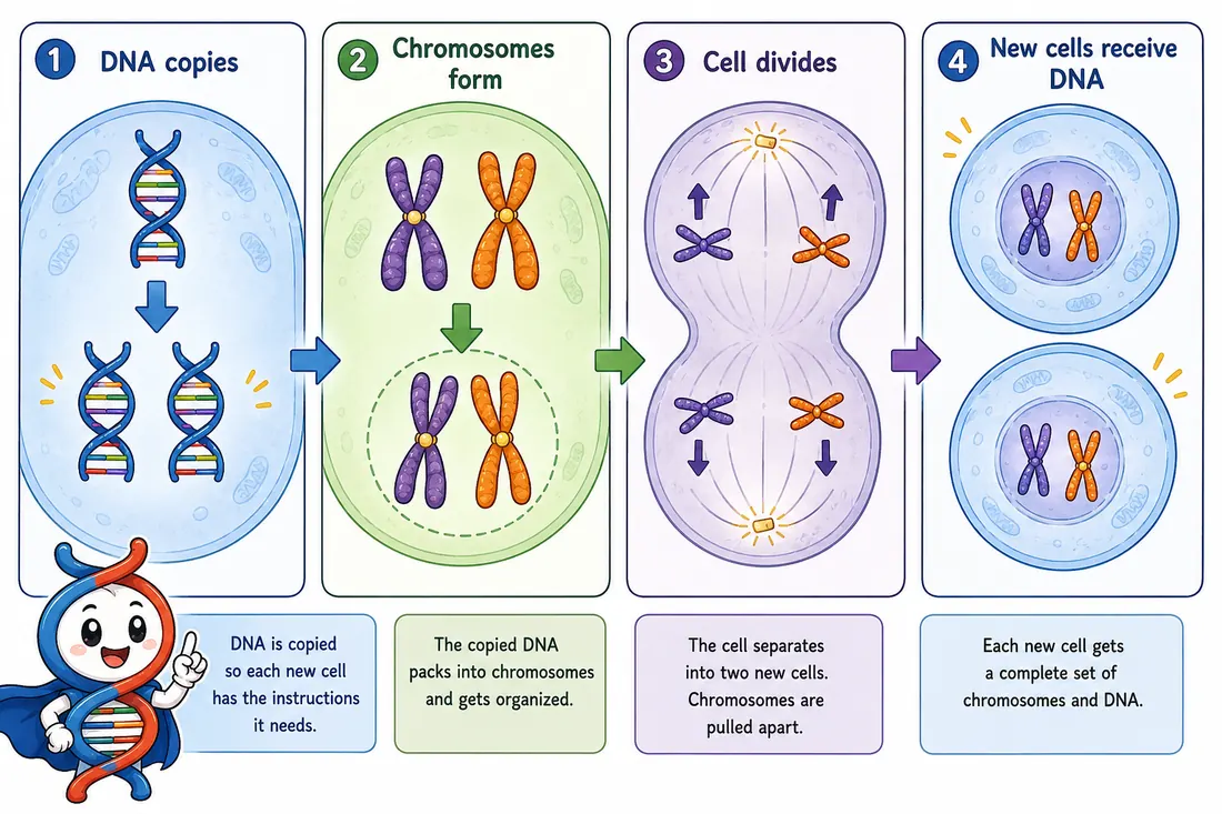 Four-step diagram showing why DNA copying matters before cell division.