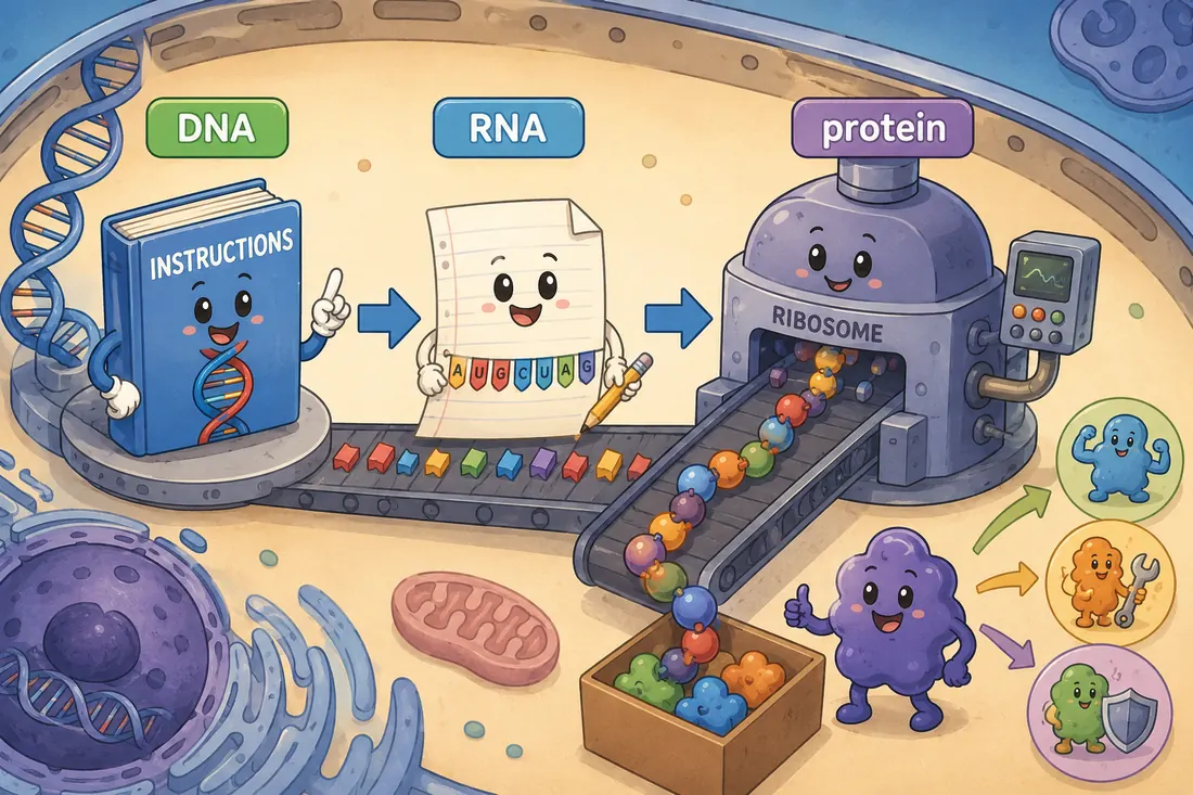 Diagram showing information flow from DNA to RNA to protein.