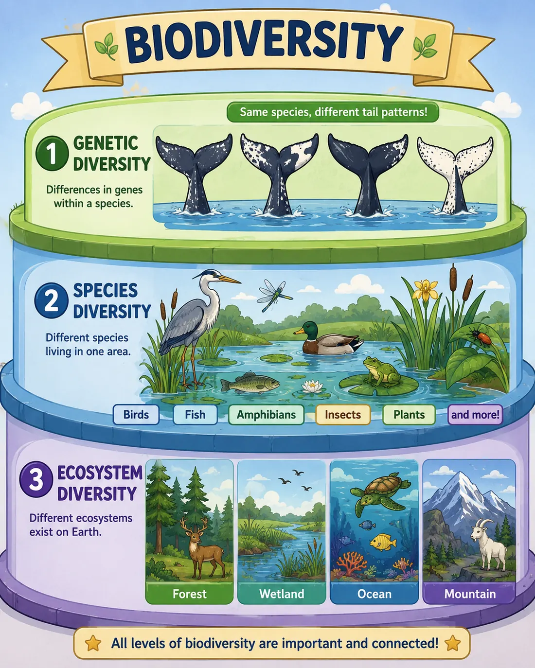 Diagram showing genetic, species, and ecosystem diversity as levels of biodiversity.