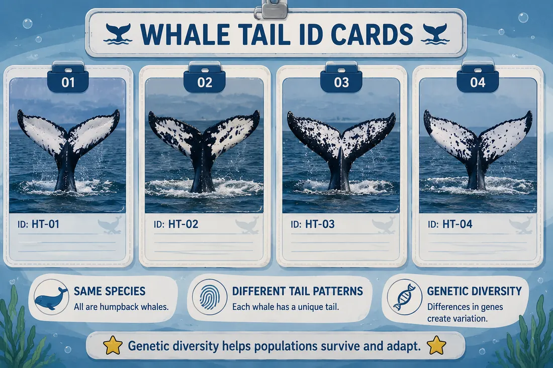 Whale tail identification cards illustrating genetic diversity within one species.
