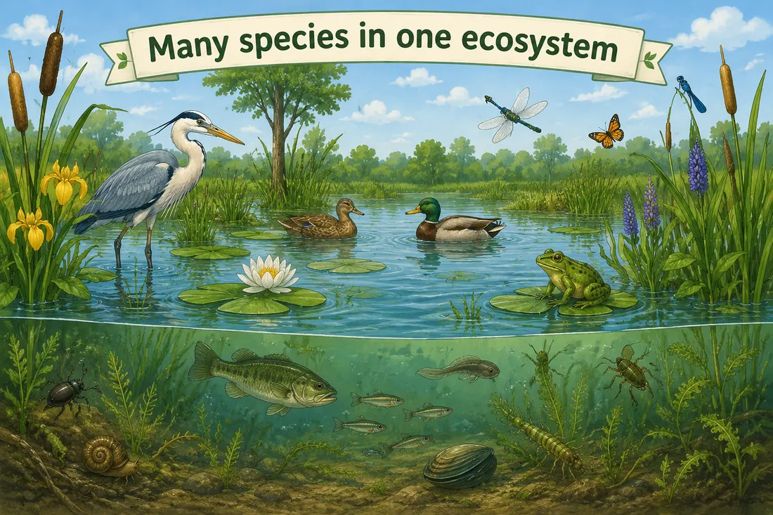 Wetland illustration showing many different species living in one ecosystem.
