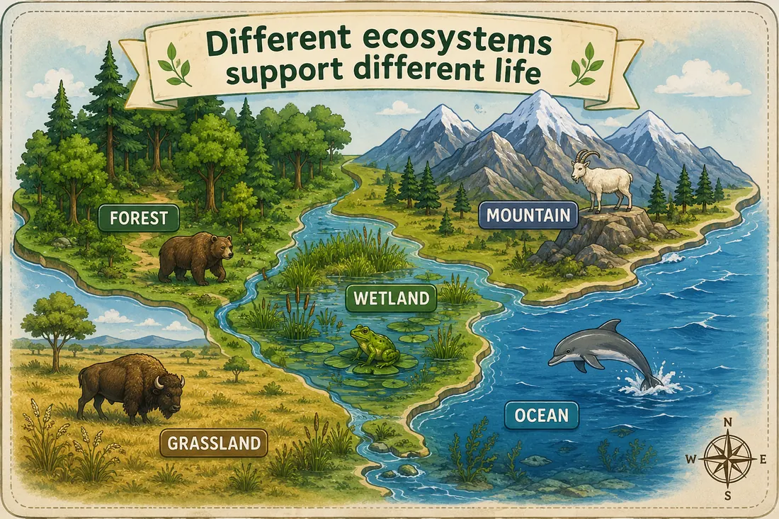 Landscape map showing different ecosystem types including forest, wetland, grassland, mountain, and ocean.