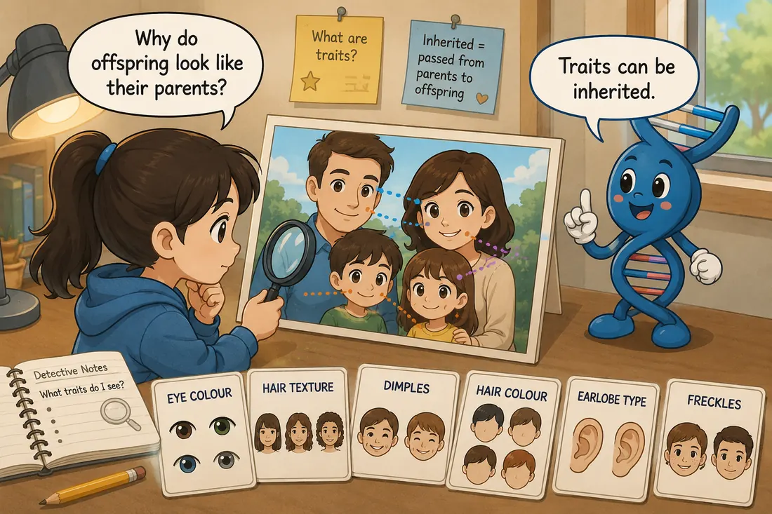 Cartoon explaining heredity by comparing offspring traits with parental traits.