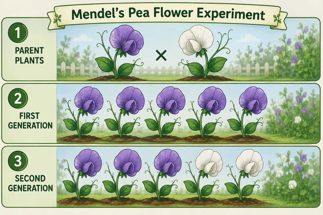 Diagram of Mendel's pea-flower experiment across generations.