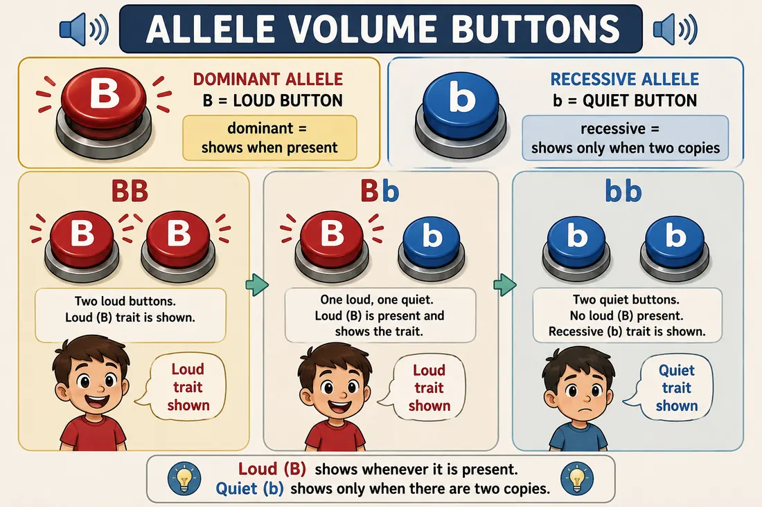 Button analogy for dominant and recessive alleles.