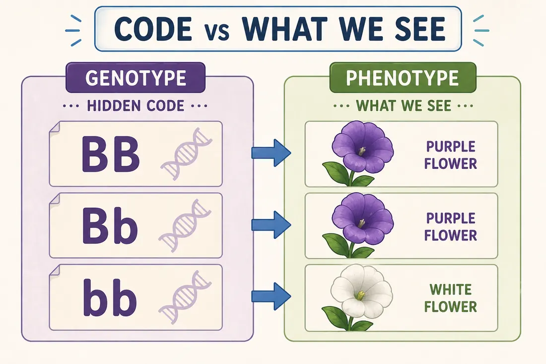 Diagram comparing genotype letter combinations with visible phenotype.