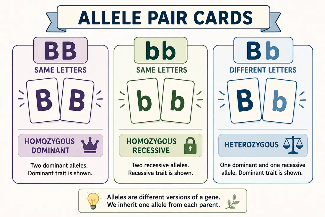 Cards comparing homozygous and heterozygous allele pairs.