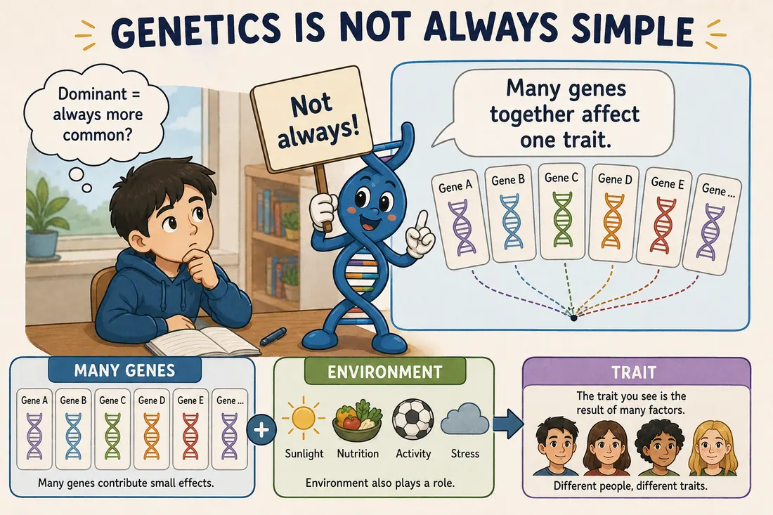 Diagram explaining that dominance is not the same as common and that many traits involve many genes and environment.