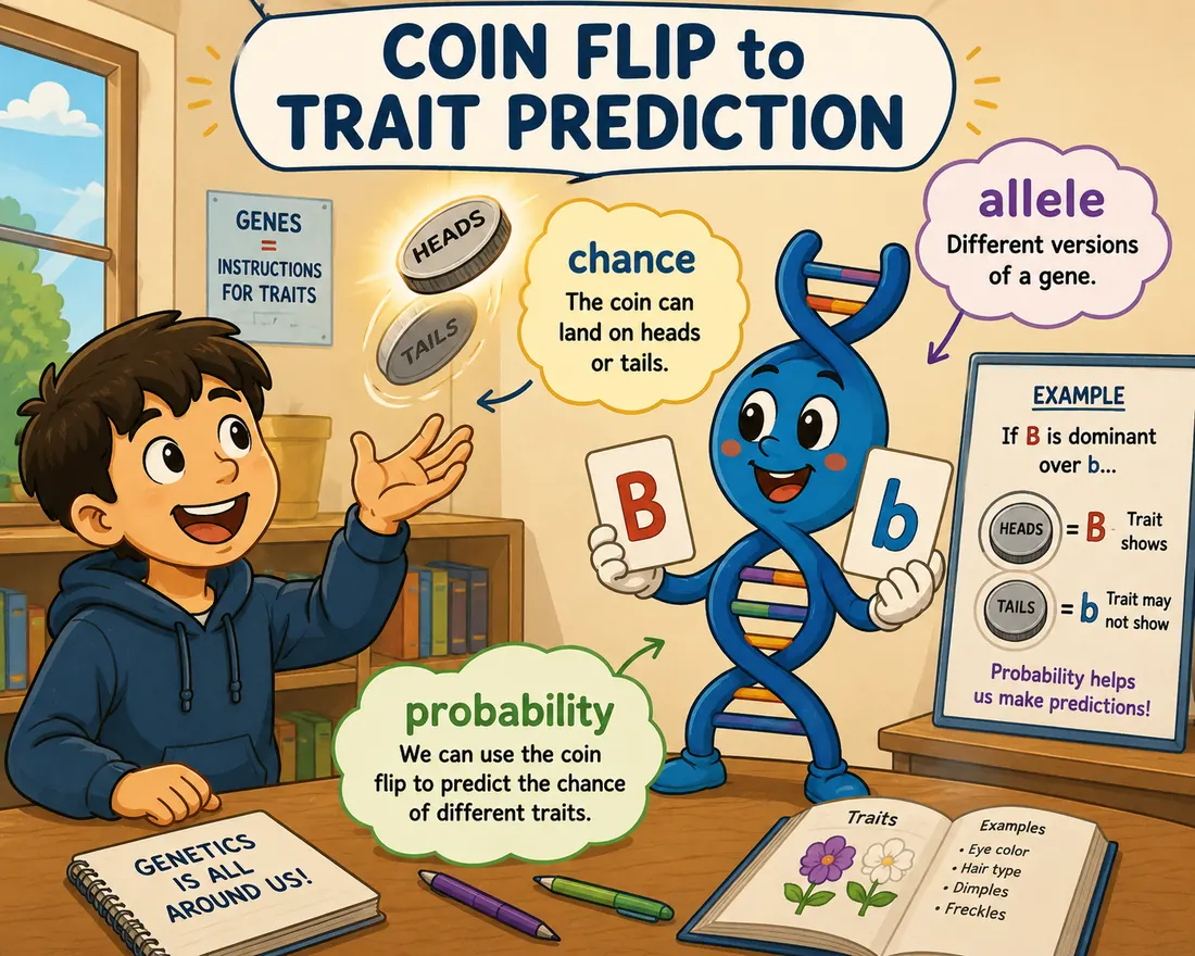 Coin-flip analogy connecting probability to allele combinations.