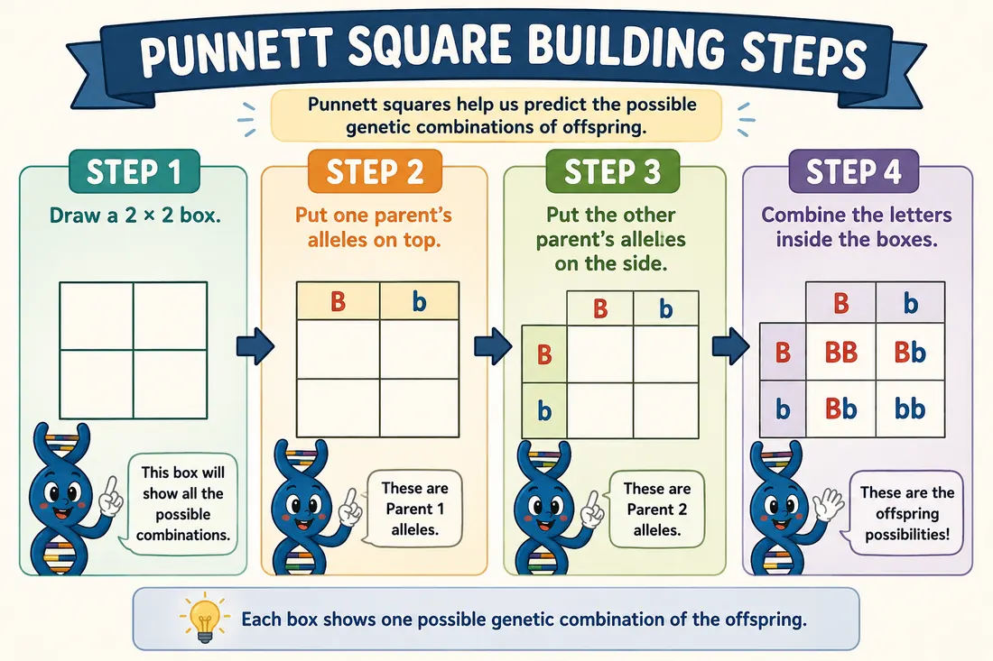 Four-step diagram showing how to fill a Punnett square.