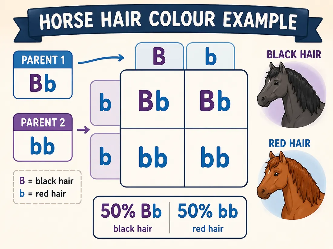 Horse hair-colour Punnett square example for Bb crossed with bb.