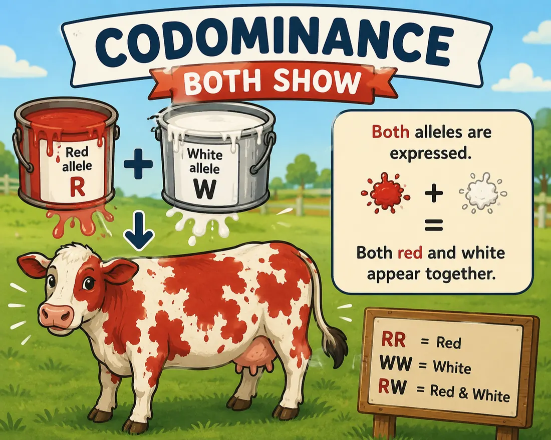 Cow coat-colour illustration showing codominance, with red and white appearing together.