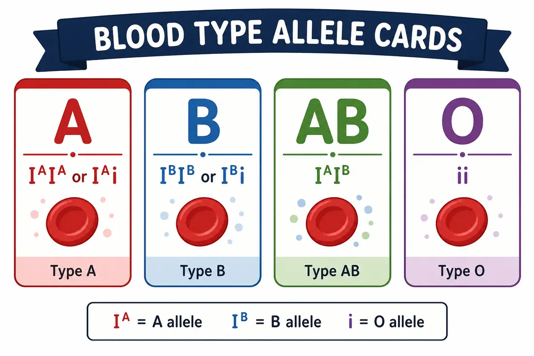 Blood-type allele cards showing A, B, AB, and O.