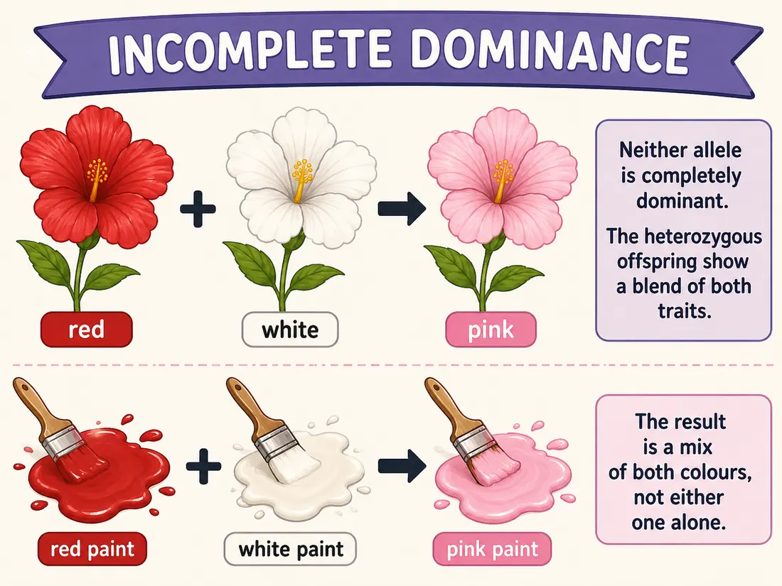 Flower and paint illustrations showing incomplete dominance and an intermediate phenotype.