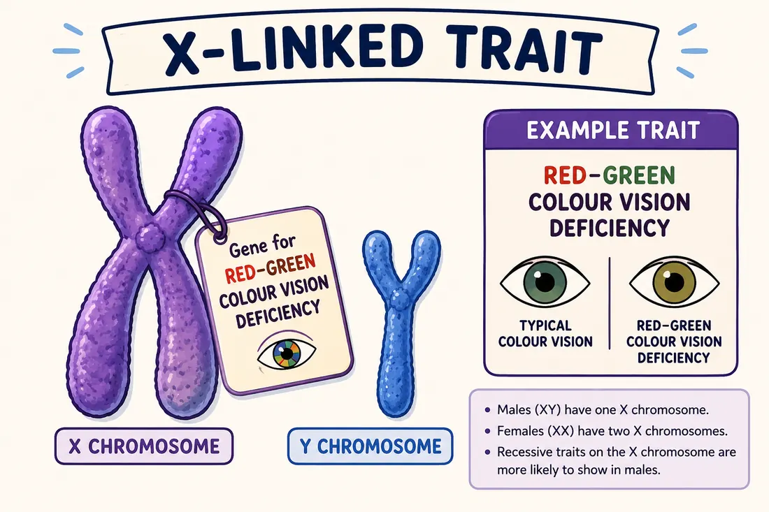 X-linked trait diagram using red-green colour vision deficiency as an example.