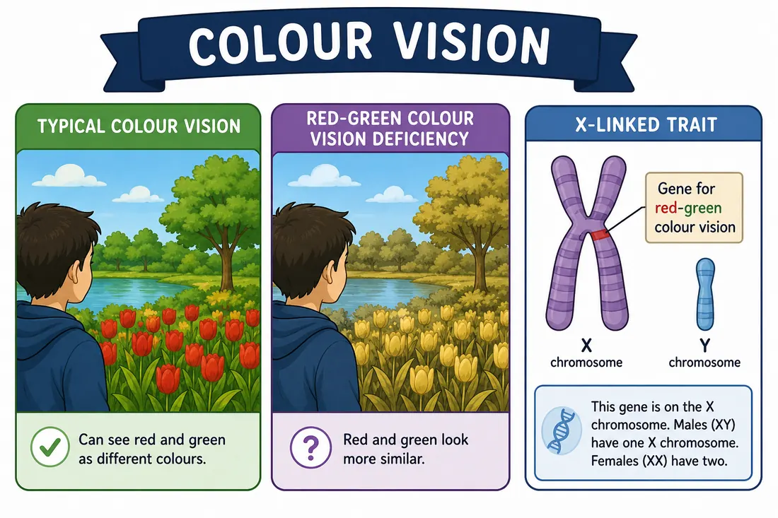 Comparison of typical colour vision and red-green colour vision deficiency, plus an X-linked inheritance diagram.