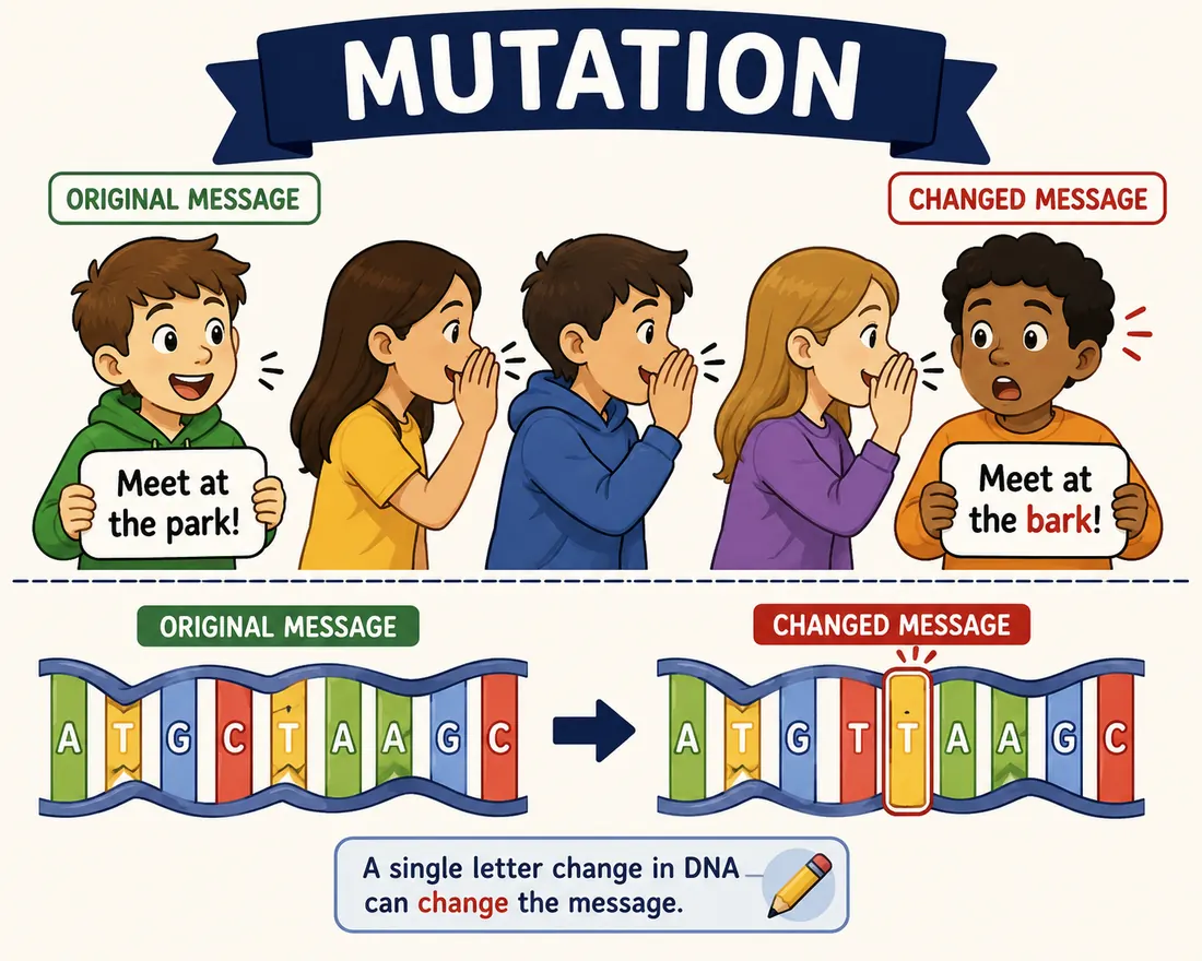 Message-changing cartoon used as an analogy for mutation as a change in DNA.