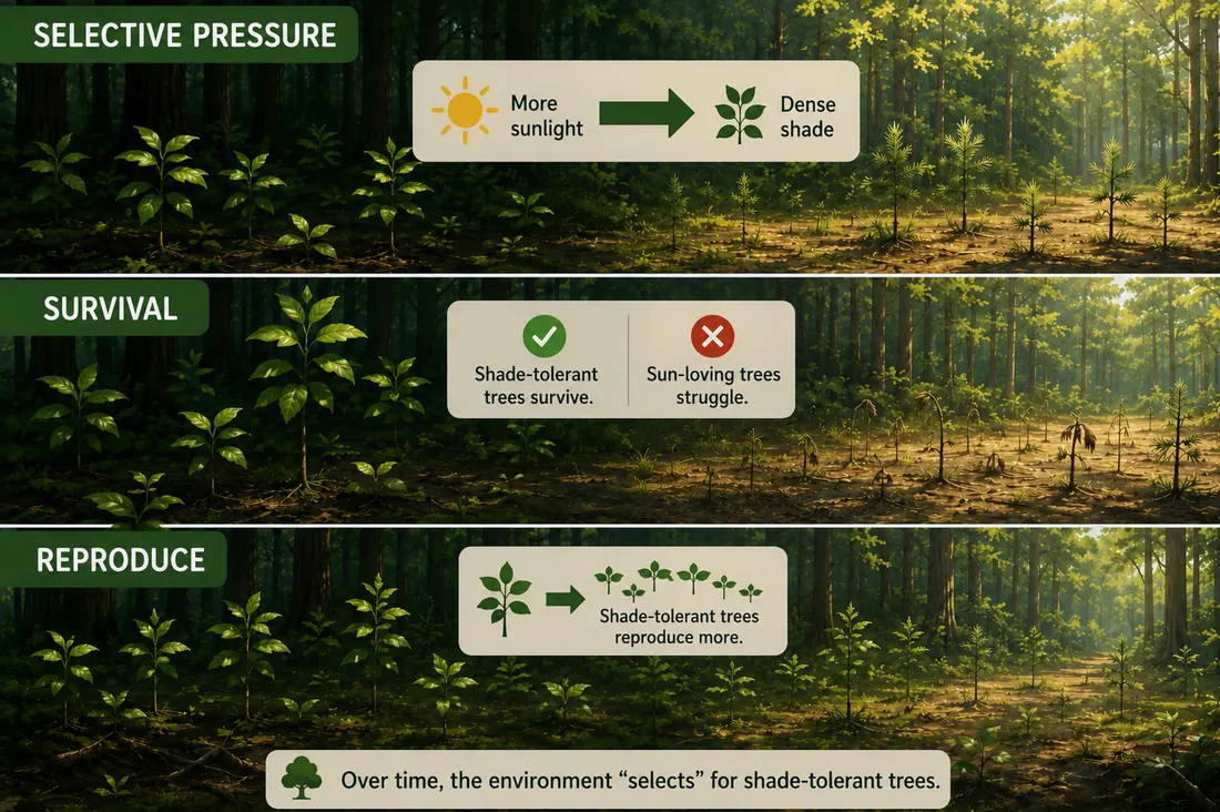 Forest sequence showing environmental change, survival, and reproduction under natural selection.