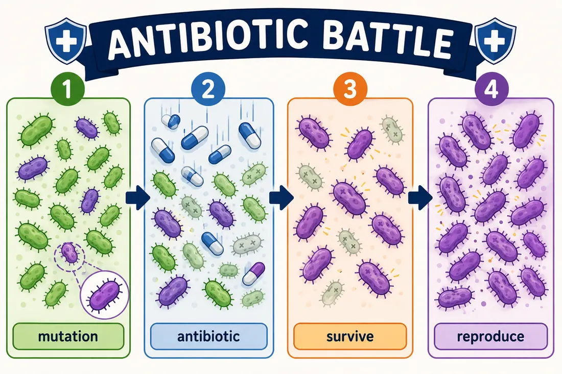 Antibiotic resistance sequence showing mutation, antibiotic exposure, survival, and reproduction.