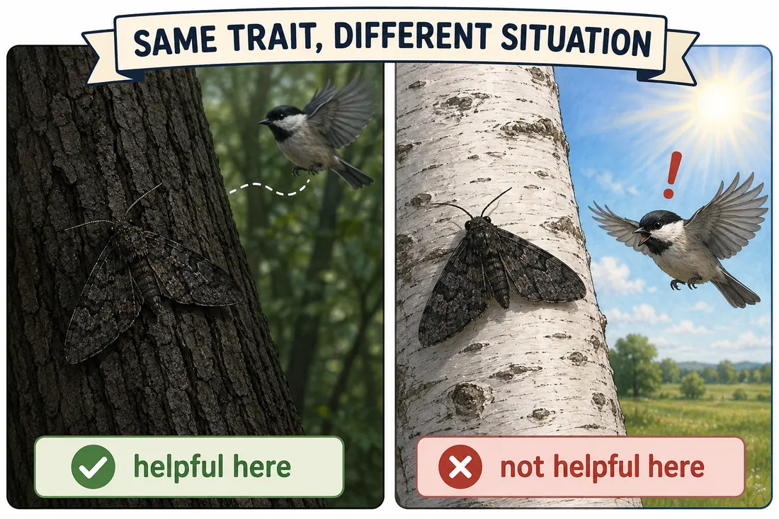 Dark moth shown on dark and light tree bark to illustrate that selective advantage depends on environment.