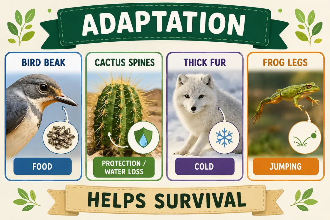 Examples of adaptations including bird beak, cactus spines, thick fur, and frog legs.