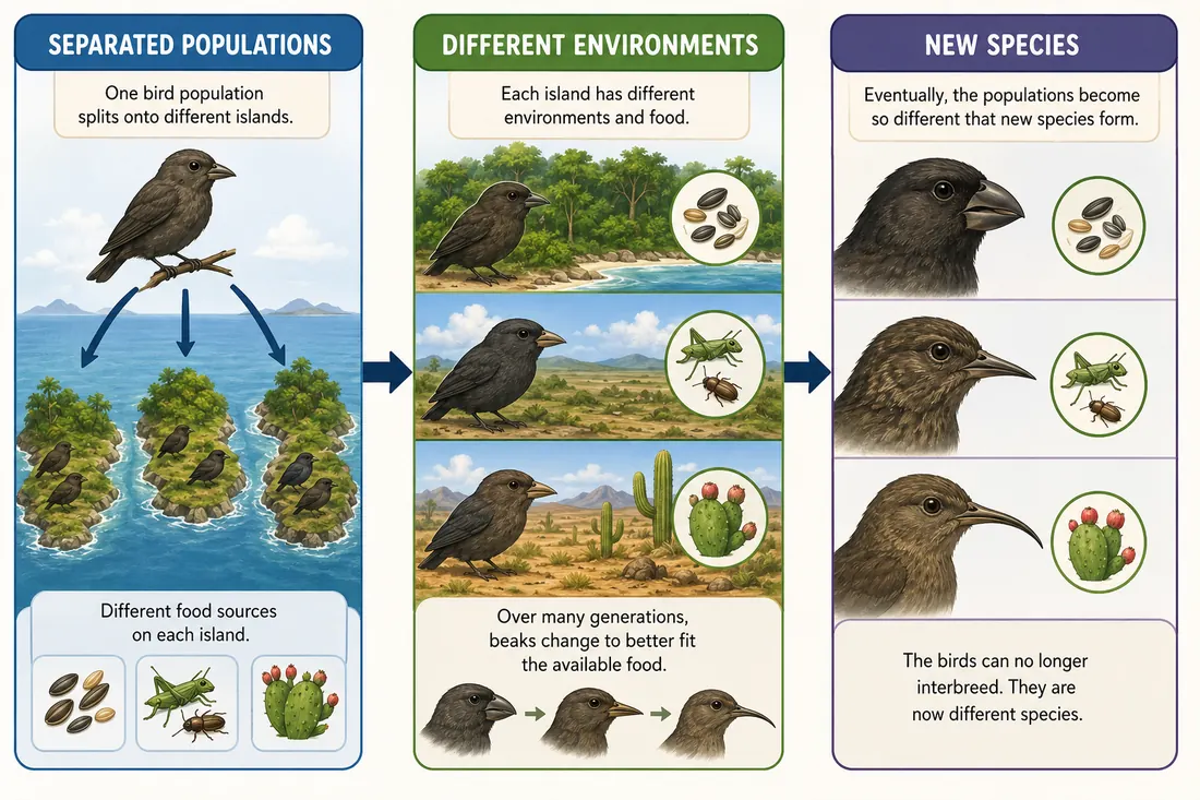 Bird populations on different islands illustrating separation, different environments, and formation of new species.