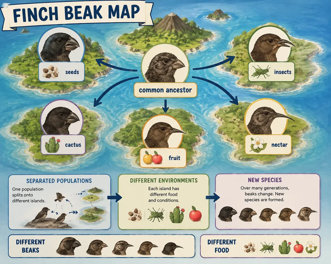 Finch beak map illustrating adaptive radiation from a common ancestor into different environments.