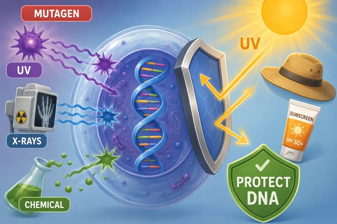 Diagram showing mutagens such as UV, X-rays, and chemicals, plus ways to reduce UV exposure.
