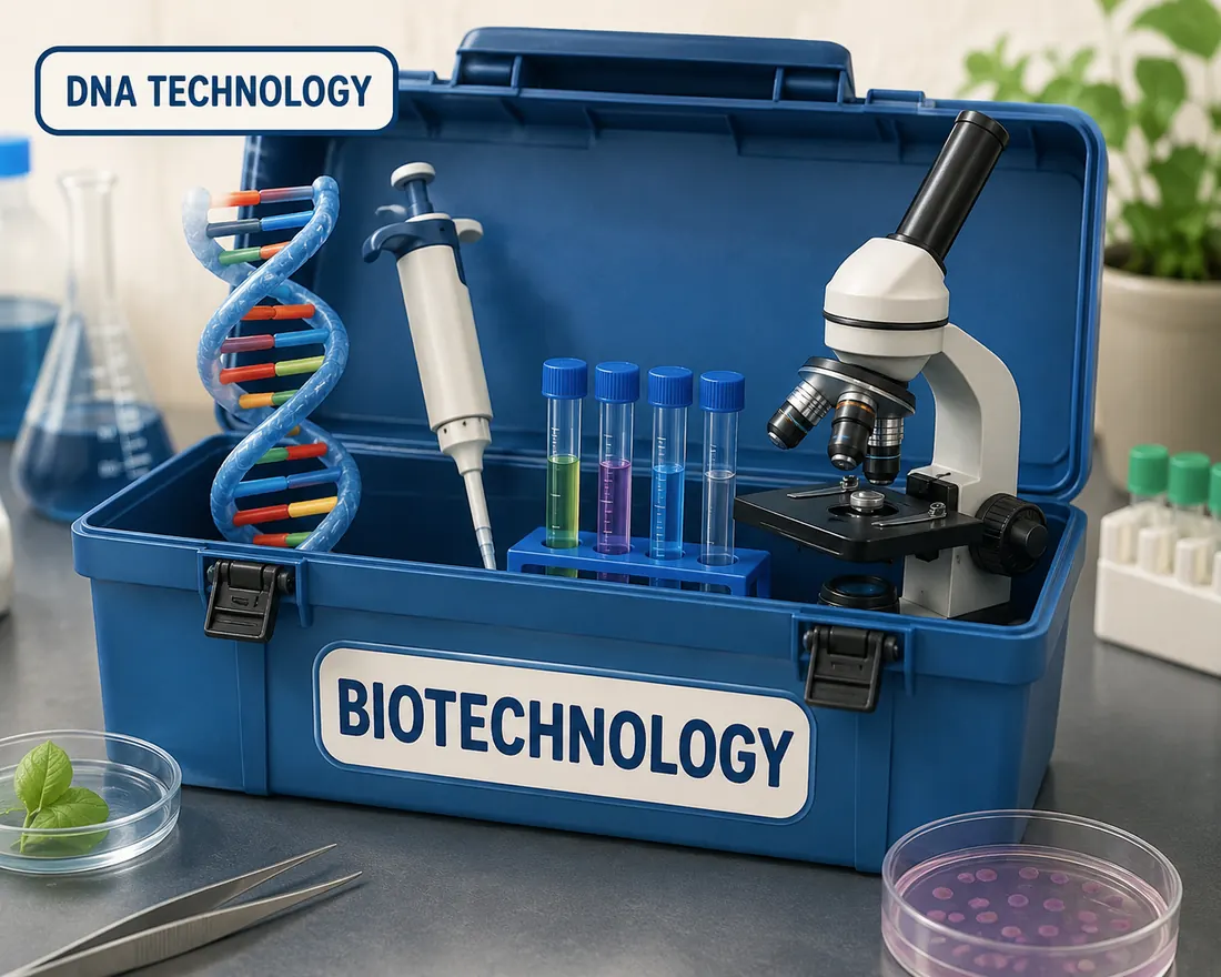 Biotechnology toolkit illustration with laboratory equipment and DNA technology.