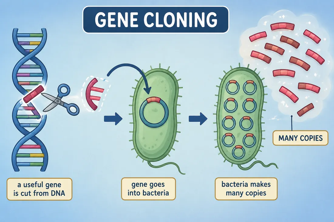 Gene-cloning diagram showing a useful gene inserted into bacteria and copied many times.