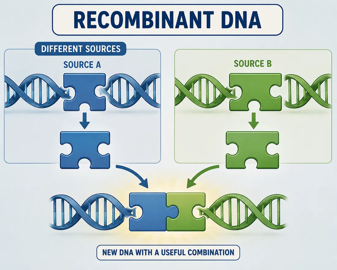 Puzzle-piece diagram showing recombinant DNA made by joining DNA from different sources.