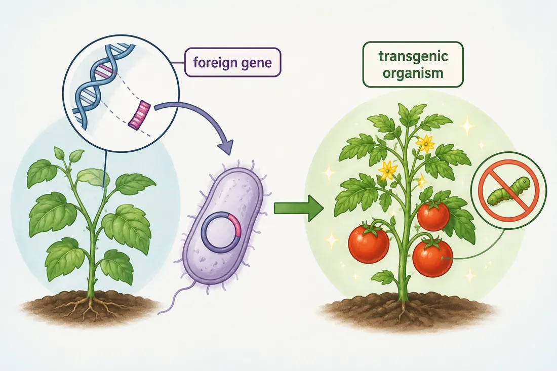 Plant diagram showing a transgenic organism with DNA from another source and insect resistance.