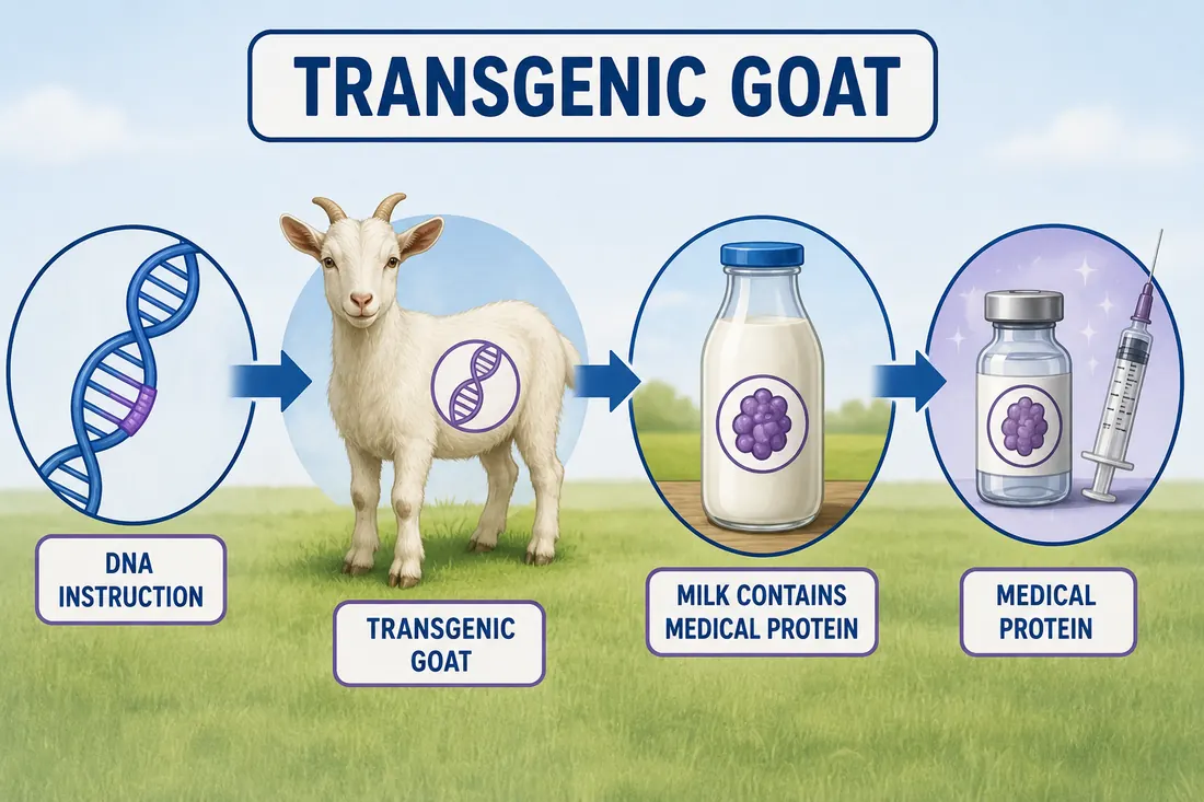 Diagram showing a transgenic goat producing a medical protein in milk.