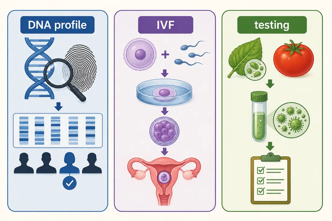 Three-panel diagram showing DNA profiling, IVF, and crop or disease testing.