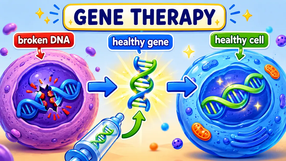Gene-therapy diagram showing a healthy gene added to help a cell make a normal protein.