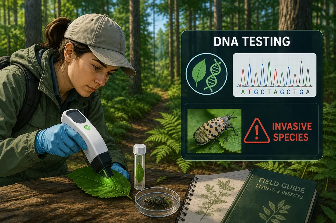 British Columbia forest scene showing DNA testing for plant viruses, invasive species, or forest pathogens.